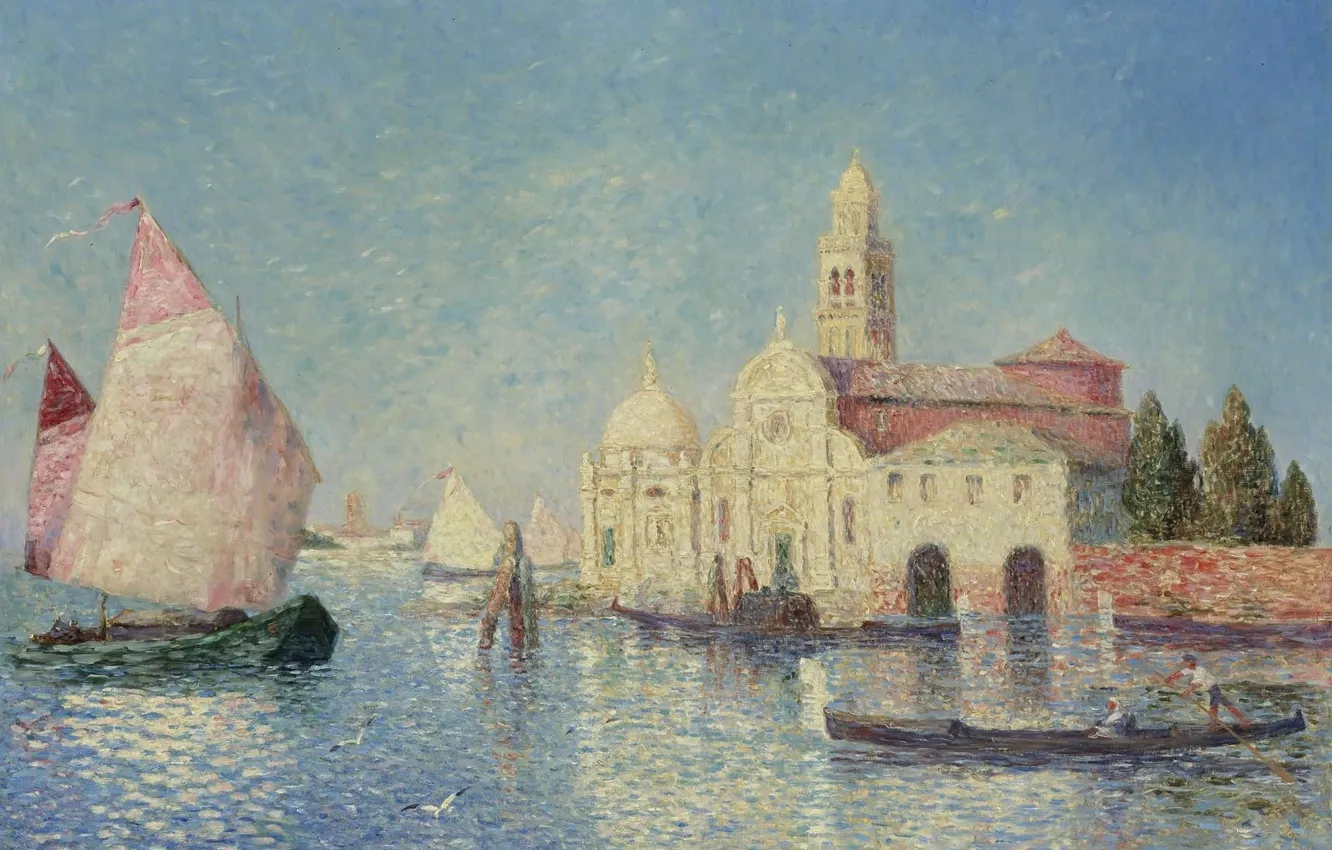 Photo wallpaper boat, picture, sail, the urban landscape, View Of Venice, Ferdinand du Puigaudeau, Ferdinand du Plegado