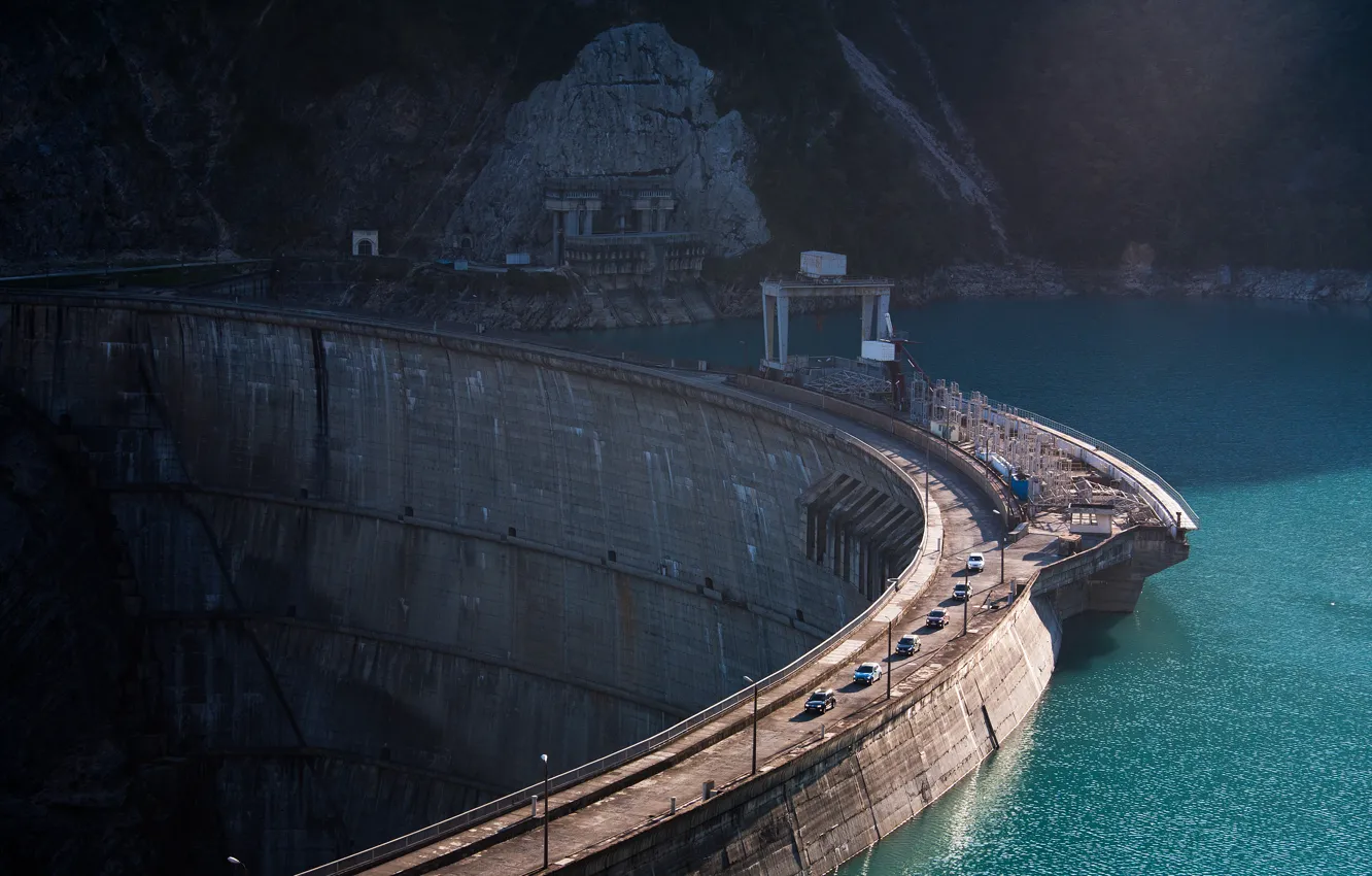 Photo wallpaper landscape, river, Wallpaper, dam, electricity, power, wallpaper, Georgia