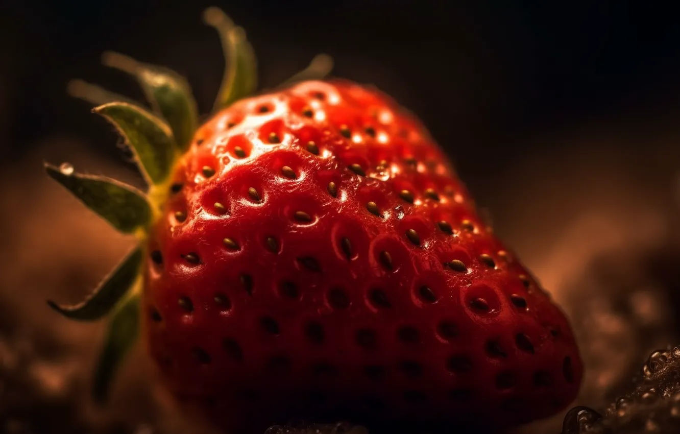 Photo wallpaper macro, light, berries, the dark background, rendering, strawberry, blur, digital art