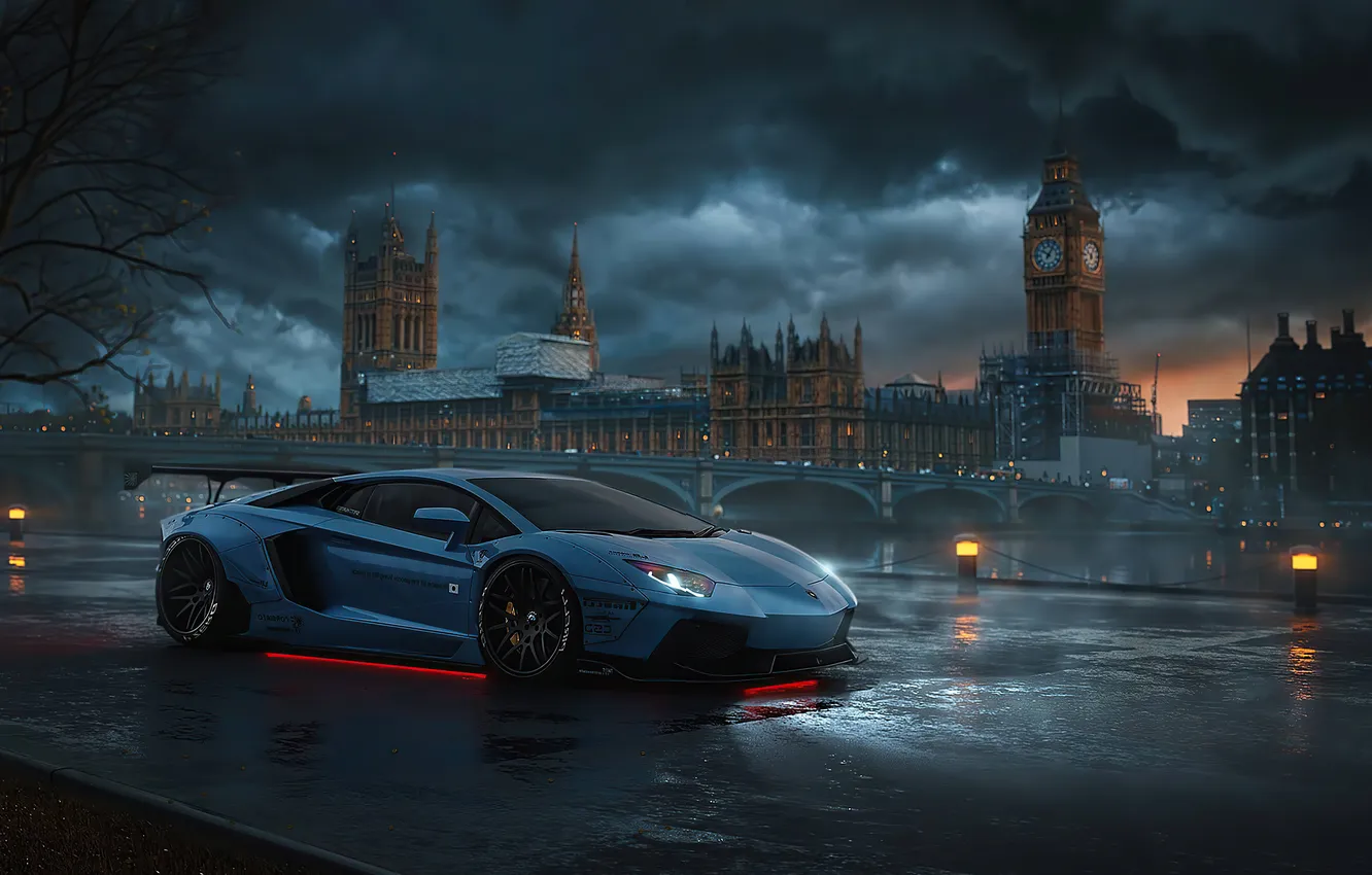 Photo wallpaper rain, London, coupe, Lamborghini, power, Lamborghini, supercar, bad weather