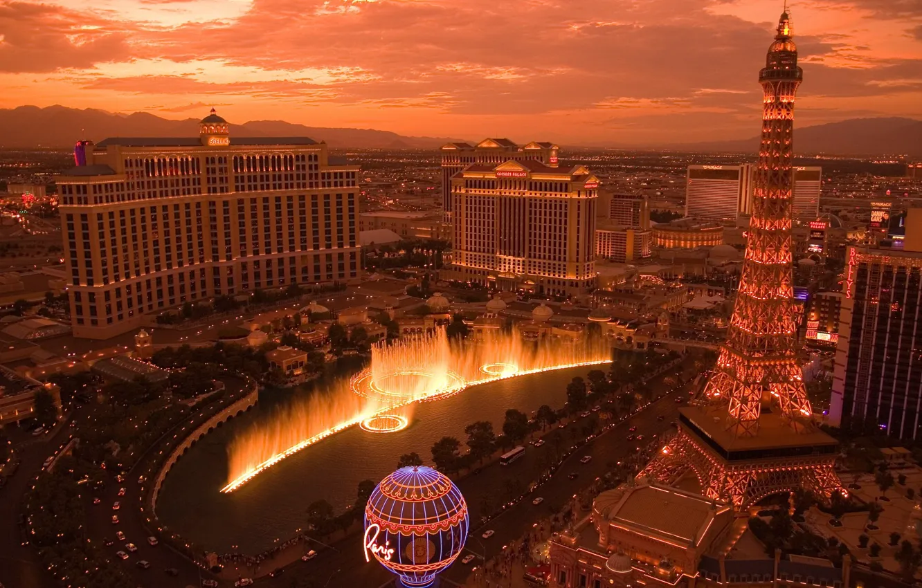 Photo wallpaper tower, show, fountain, Las Vegas, casino, copy, light, Eiffel