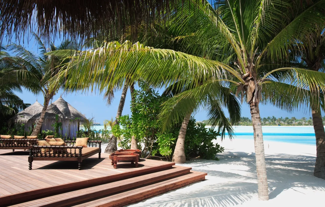 Photo wallpaper sand, sea, the sun, palm trees, stage, the hotel, resort