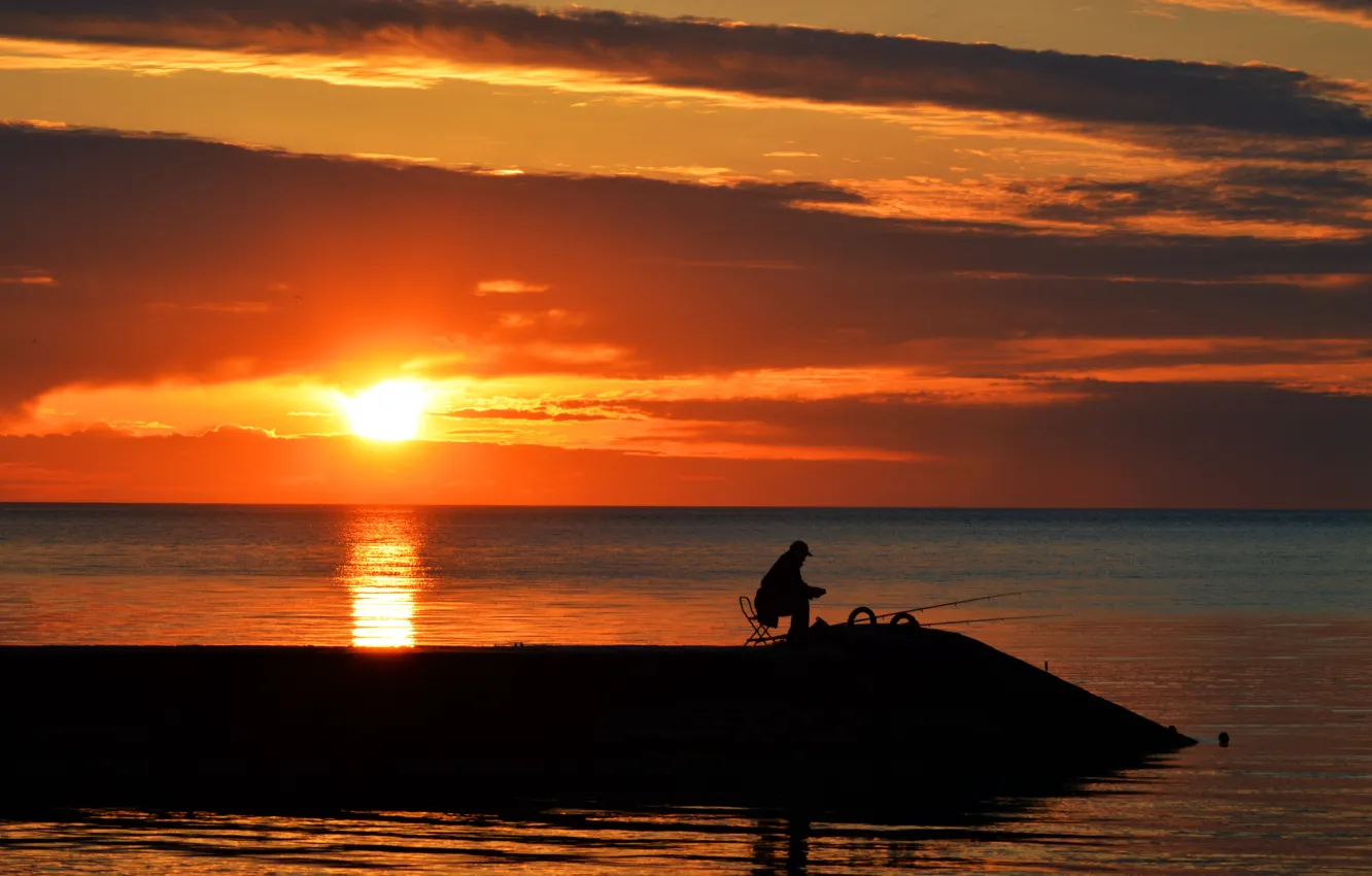 Photo wallpaper sea, sunset, fisherman