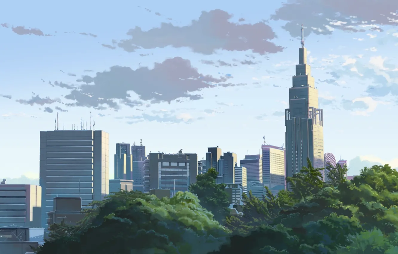 Photo wallpaper The sky, The city, Trees, Morning, Clouds, Building, City, Anime