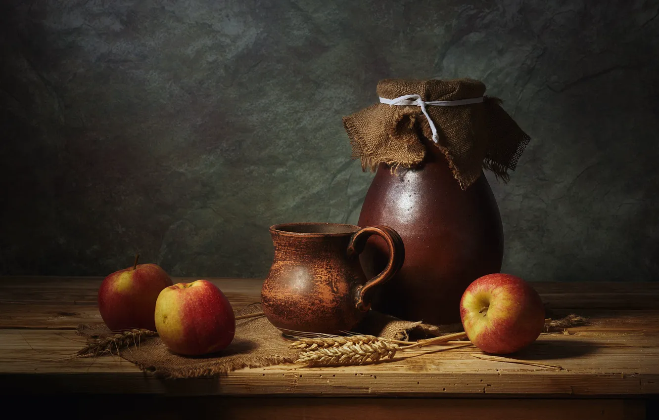 Photo wallpaper wheat, the dark background, table, apples, food, spikelets, mug, dishes