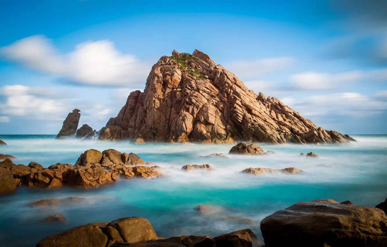 Photo wallpaper sea, the sky, clouds, stones, rocks, island