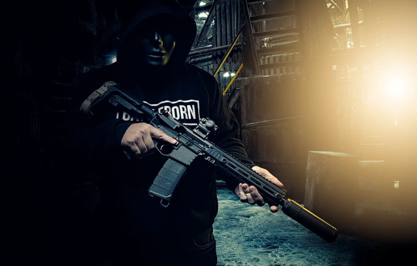 Photo wallpaper weapons, background, mask, optics, male, assault rifle
