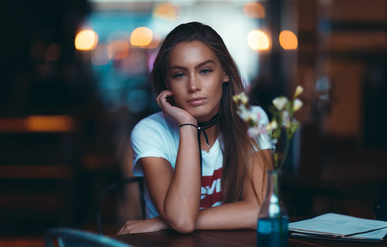 Photo wallpaper girl, flowers, glare, bottle, makeup, t-shirt, hairstyle, brown hair