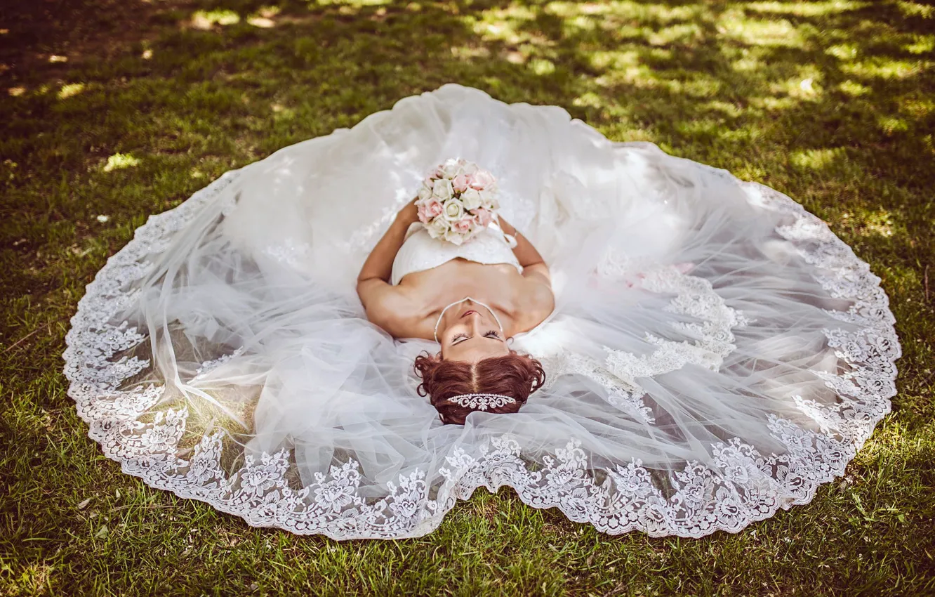 Photo wallpaper bouquet, dress, the bride, wedding