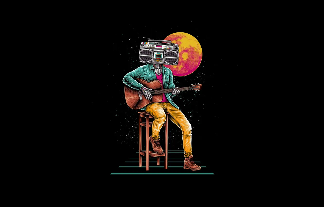 Photo wallpaper Color, Minimalism, Music, Guitar, The moon, Style, Background, Chair