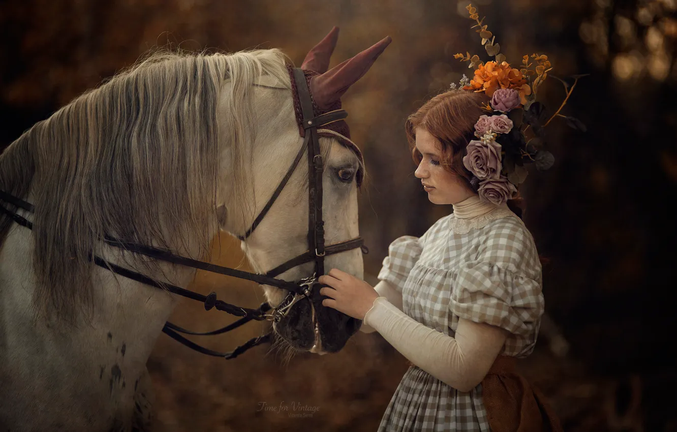 Photo wallpaper face, girl, flowers, pose, mood, horse, horse, dress