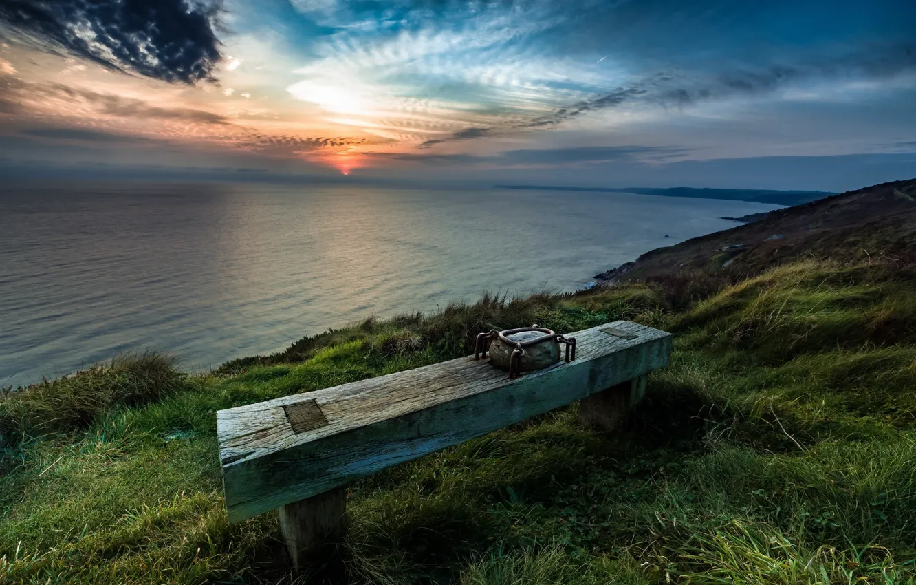 Photo wallpaper sea, sunset, shore, bench