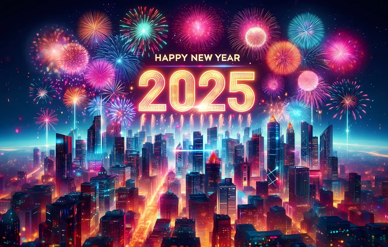 Photo wallpaper New year, Holiday, New Year, Fireworks, 2025, Futuristic city, Celebrations, Neon city