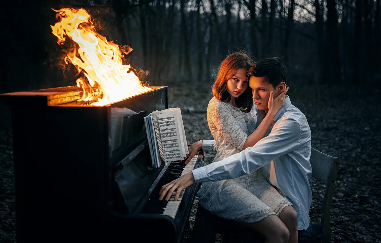 Photo wallpaper forest, girl, notes, fire, flame, the situation, guy, piano