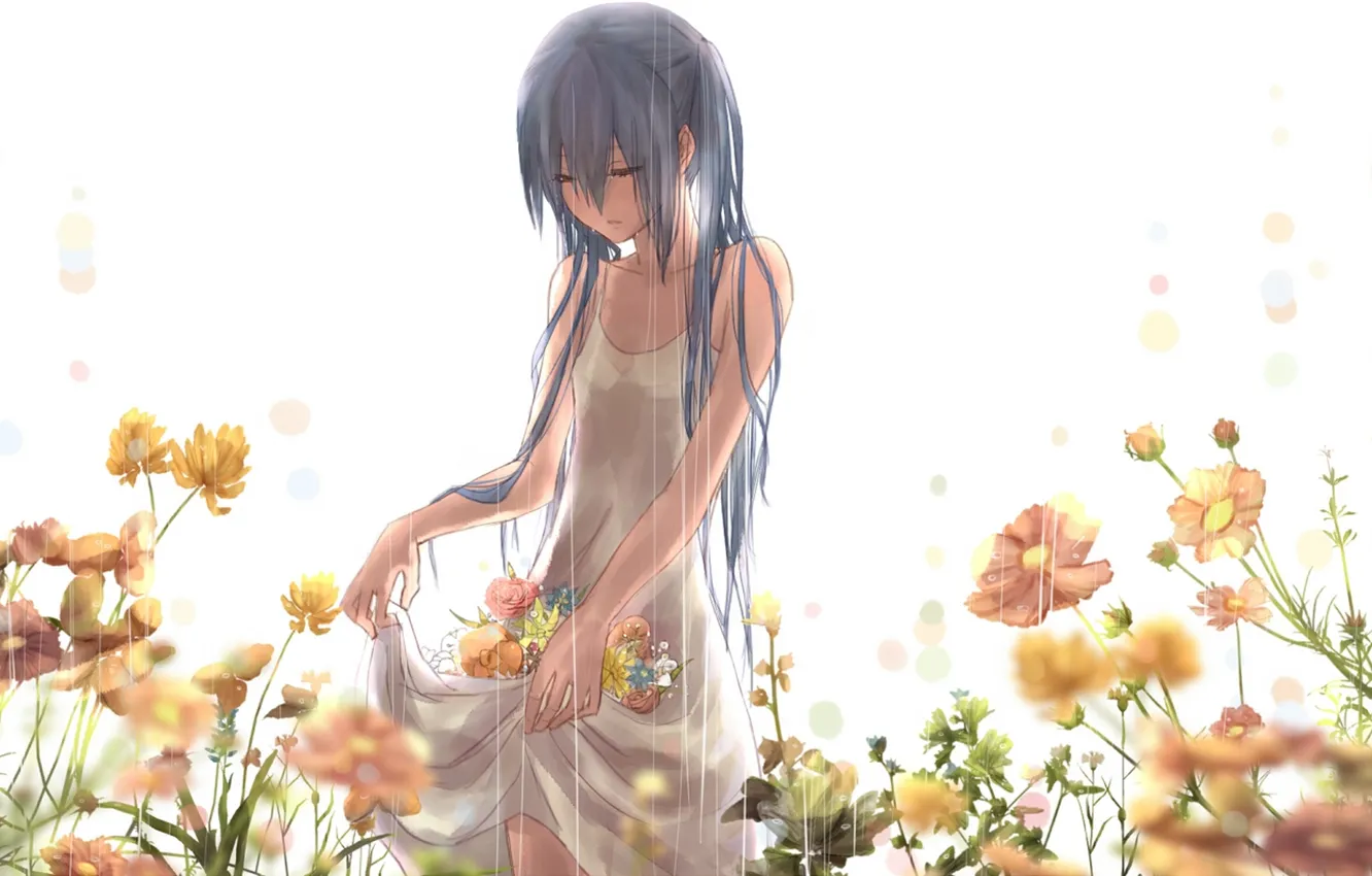 Photo wallpaper girl, flowers, rain, roses, art, vocaloid, hatsune miku, Vocaloid