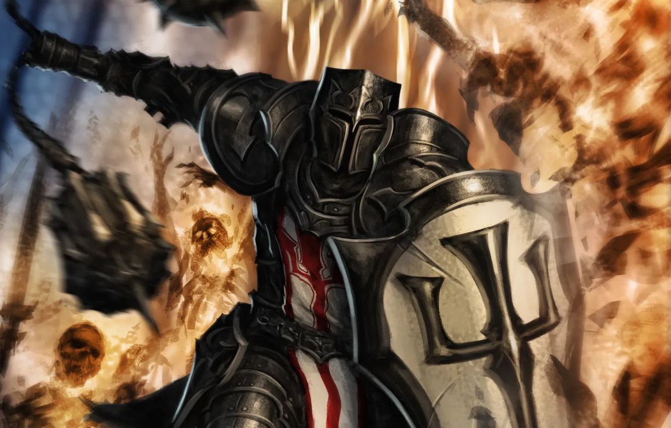 Photo wallpaper weapons, fire, art, battle, shield, skeletons, Diablo III, armor