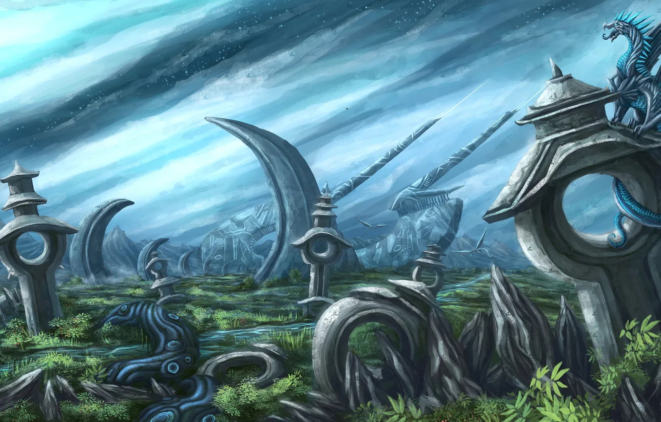 Photo wallpaper the sky, grass, stars, landscape, dragon, construction, art, ruins