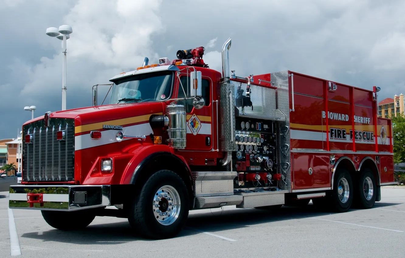 Photo wallpaper red, car, chrome, Kenworth, fire truck, technical equipment, (Kenworth)