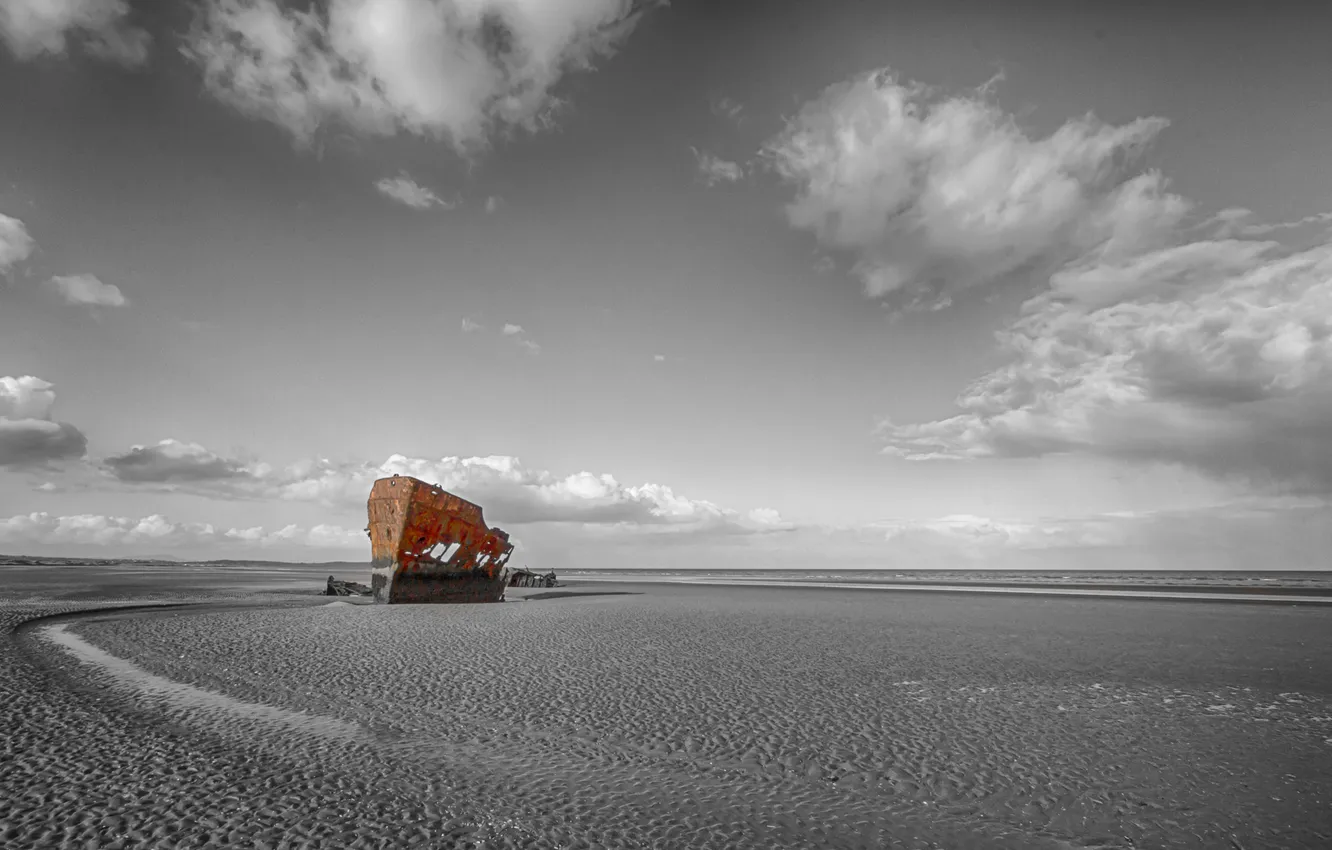 Photo wallpaper shore, tide, the skeleton, Ireland, the wreckage of the ship, Louth, Oranmore