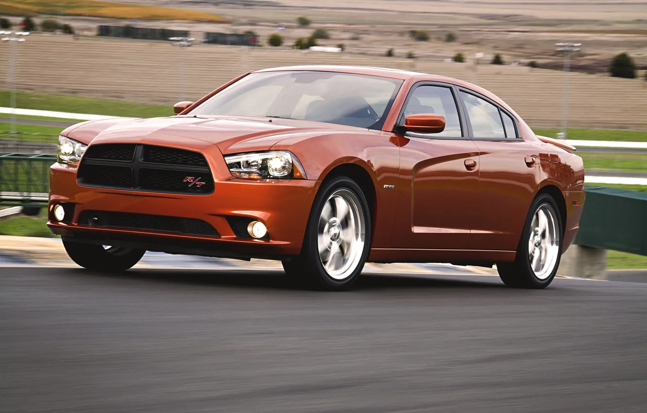 Photo wallpaper machine, auto, asphalt, orange, The hood, Dodge, Dodge, Charger