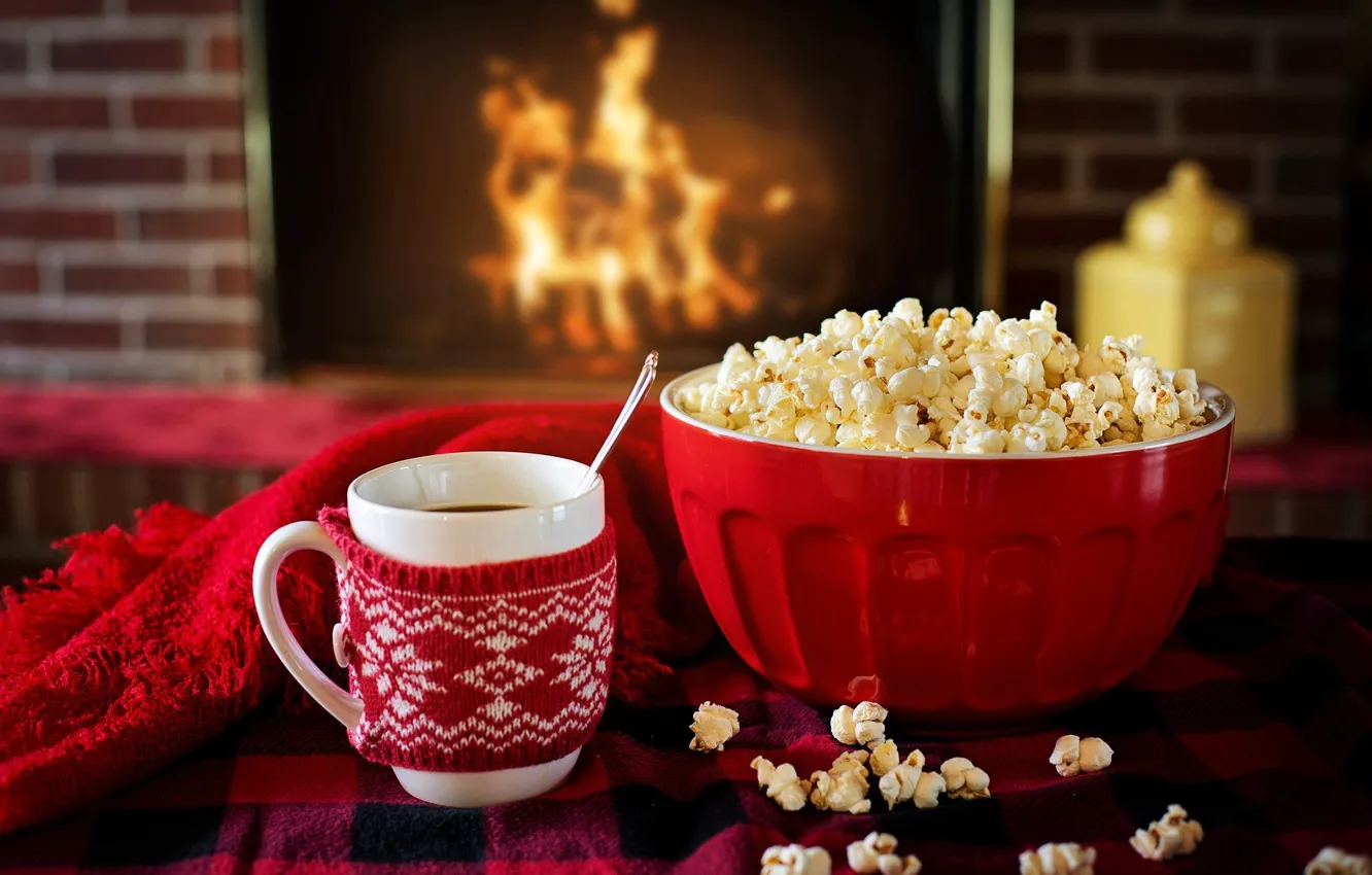 Photo wallpaper winter, heat, tea, Cup, fireplace, popcorn