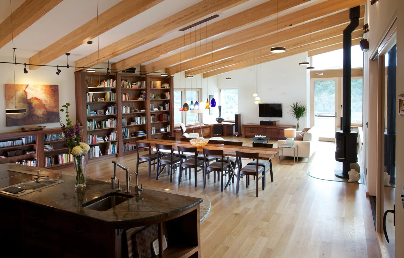 Photo wallpaper design, style, interior, kitchen, fireplace, library, Portland, living room