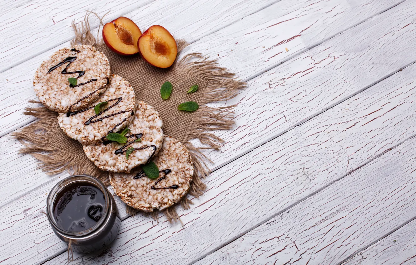 Photo wallpaper food, wood, jam, napkin, bread, drain, bread