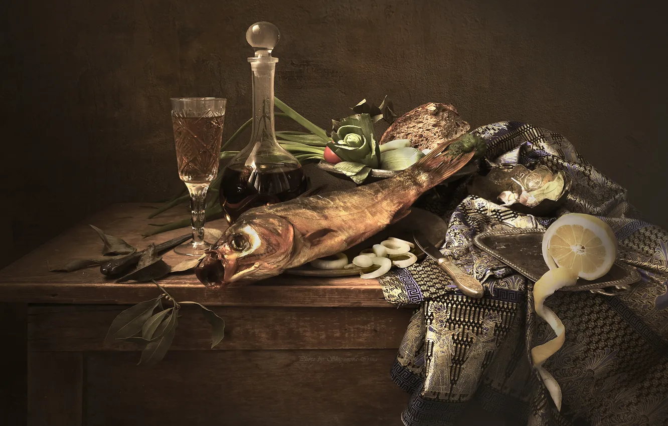 Photo wallpaper leaves, table, lemon, bottle, food, fish, bow, bread