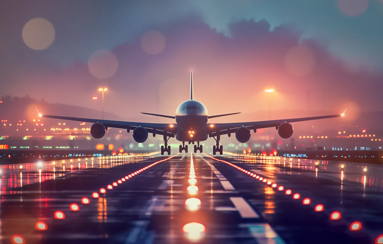 Photo wallpaper aviation, lights, technique, the plane, runway, Chassis, AI art, neural network