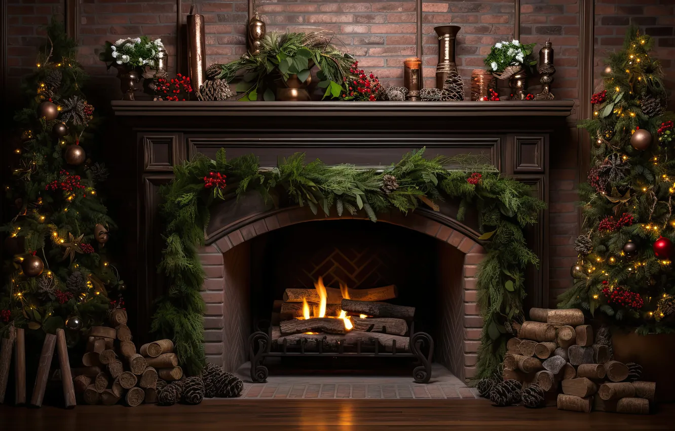 Photo wallpaper room, balls, tree, interior, Christmas, fireplace, balls, interior