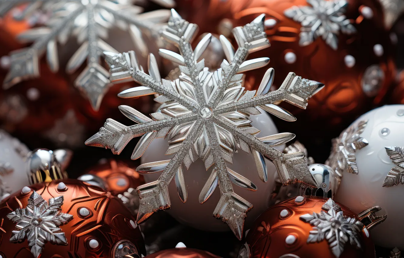 Photo wallpaper balls, macro, snowflakes, red, balls, Shine, new year, Christmas