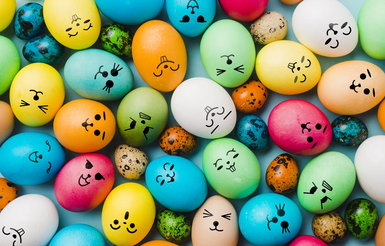 Photo wallpaper yellow, red, smile, holiday, blue, bright, eggs, spring