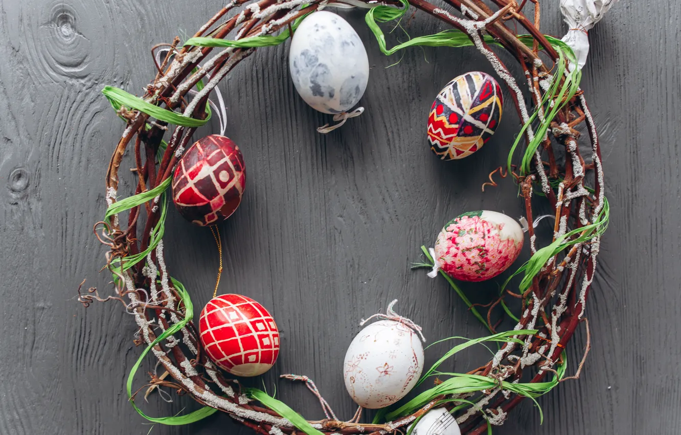 Photo wallpaper eggs, Easter, Holiday, wreath, twigs