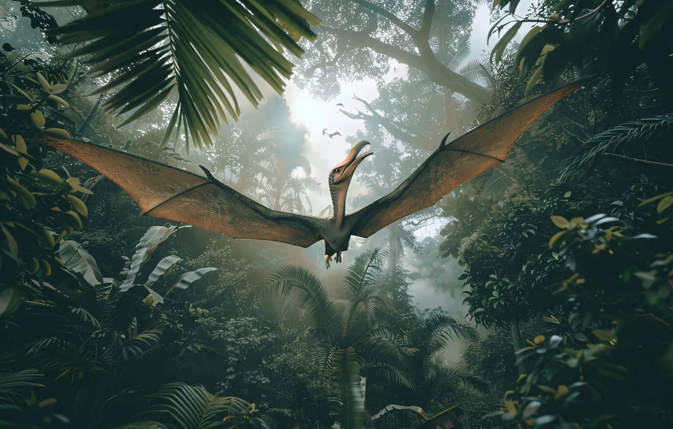 Photo wallpaper flight, animal, wings, dinosaur, jungle, pterodactyl, digital art, Ancient animals
