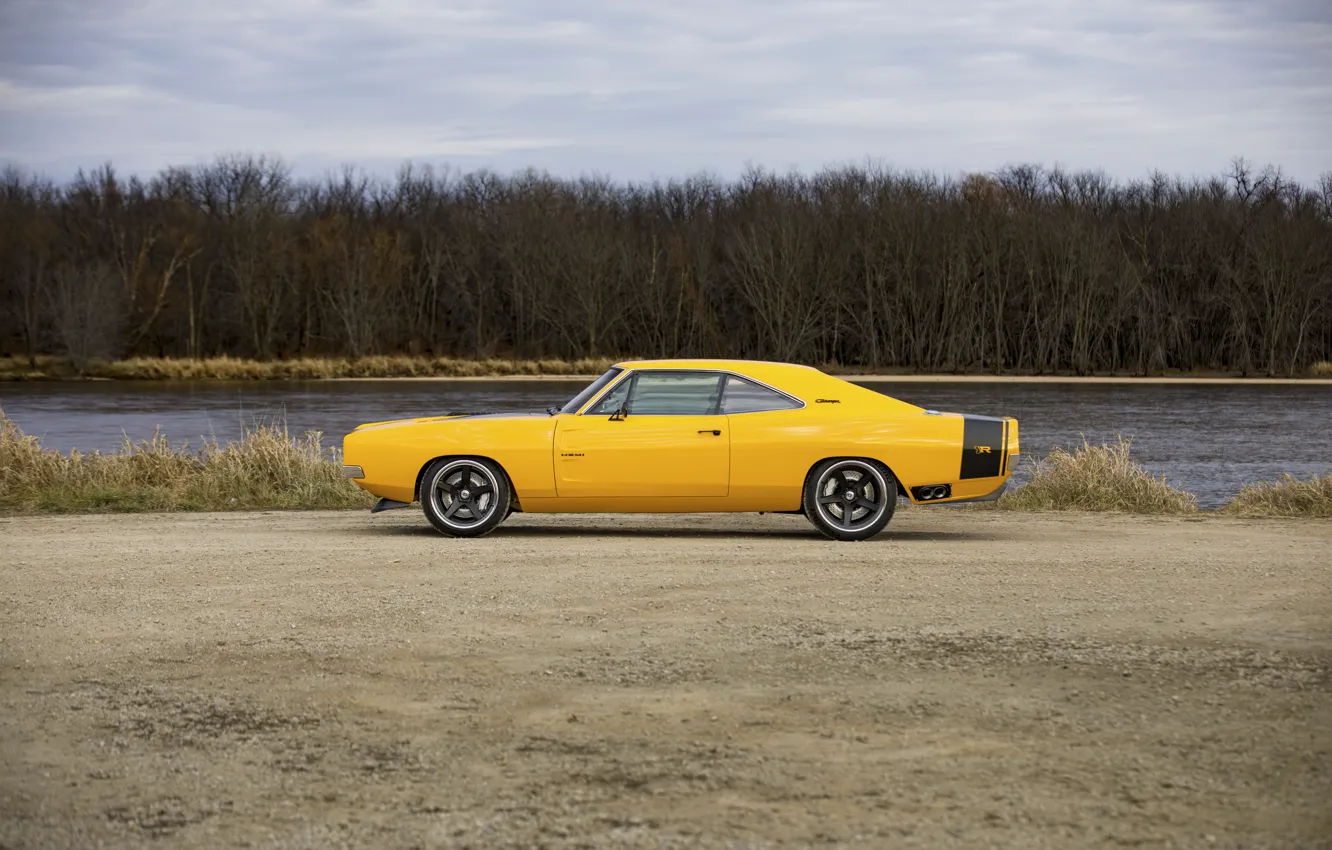 Photo wallpaper 1969, Dodge, Charger, Yellow, Side, Dodge Charger, Road, Lake