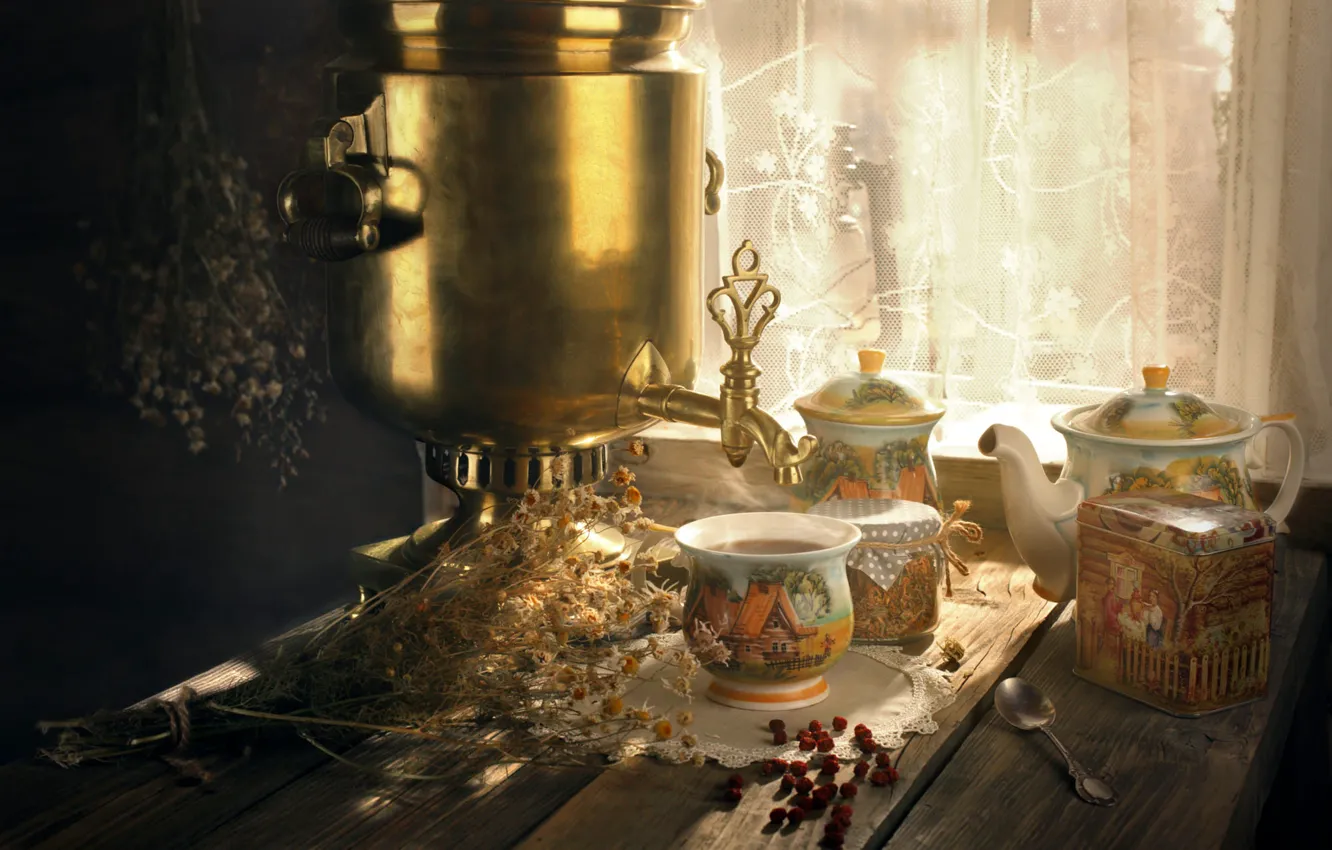 Photo wallpaper light, flowers, comfort, berries, table, tea, chamomile, bouquet