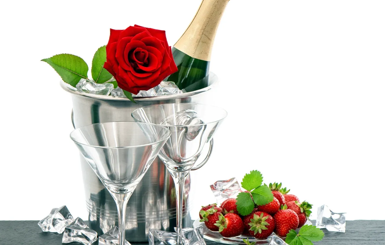Photo wallpaper romance, rose, glasses, strawberry, champagne