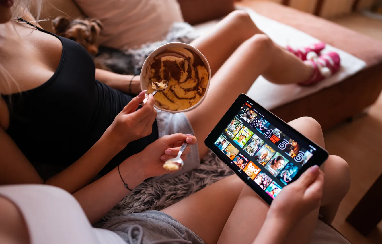 Photo wallpaper women, ice cream, tablet, Entertainment