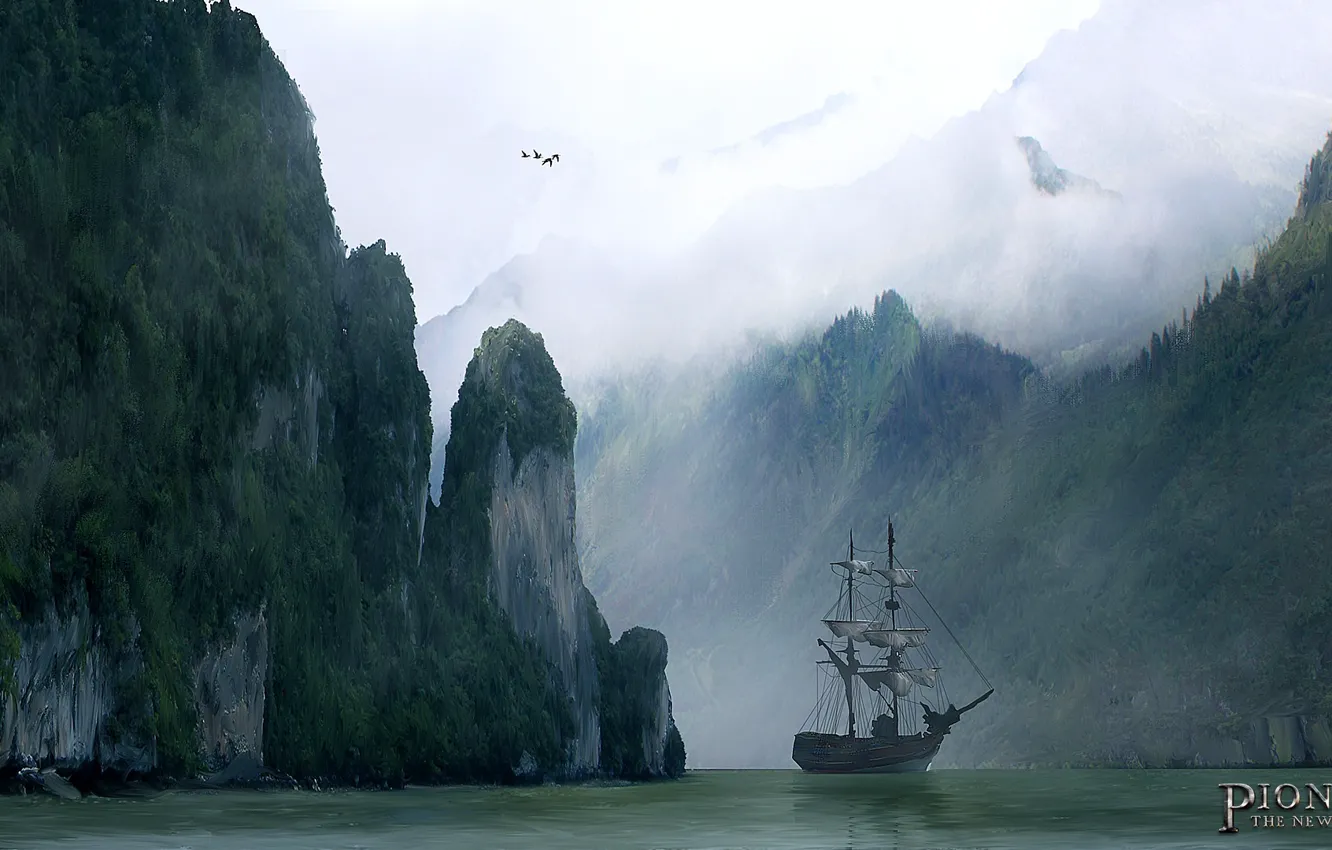 Photo wallpaper rocks, ship, Bay, The New World