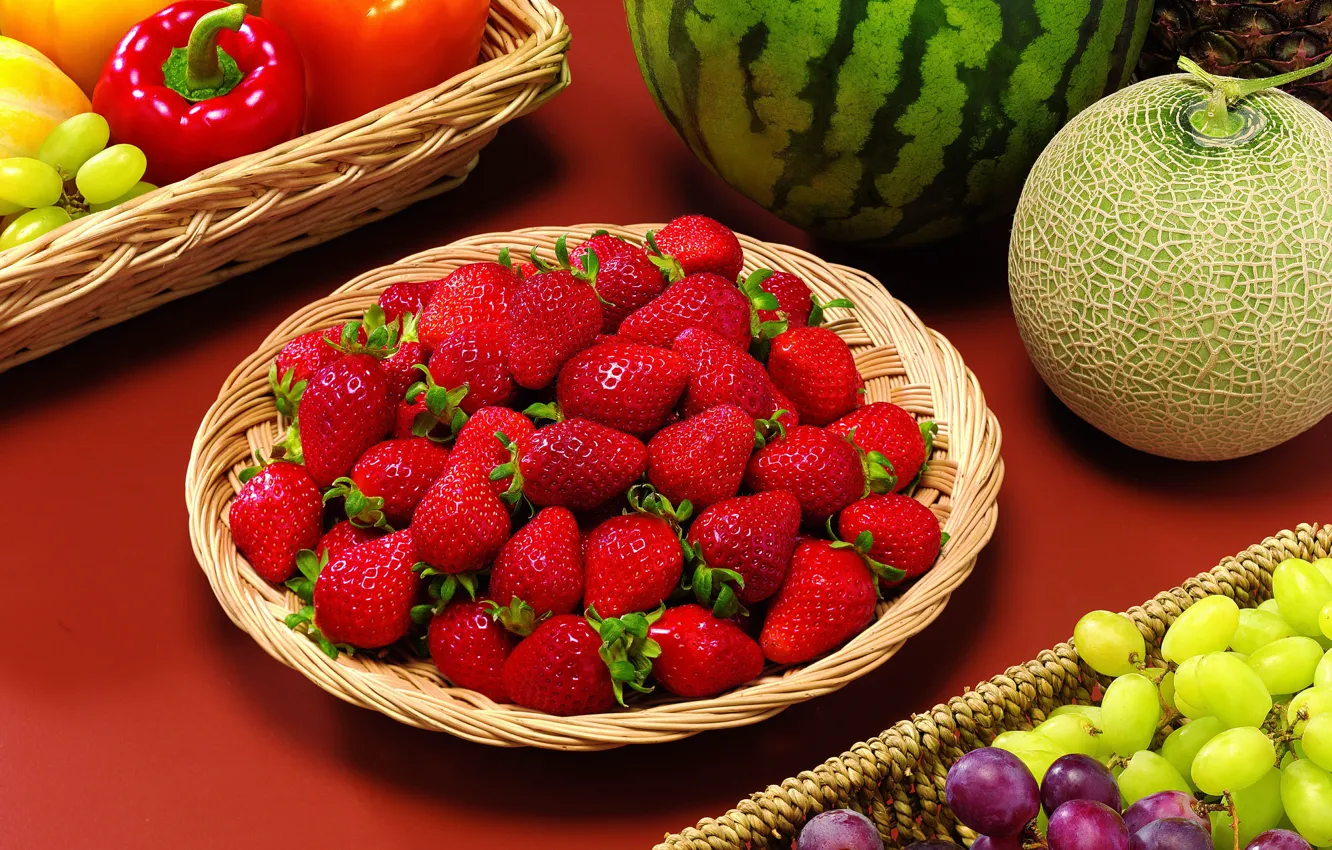Photo wallpaper berries, watermelon, strawberry, grapes, fruit, still life, vegetables, melon