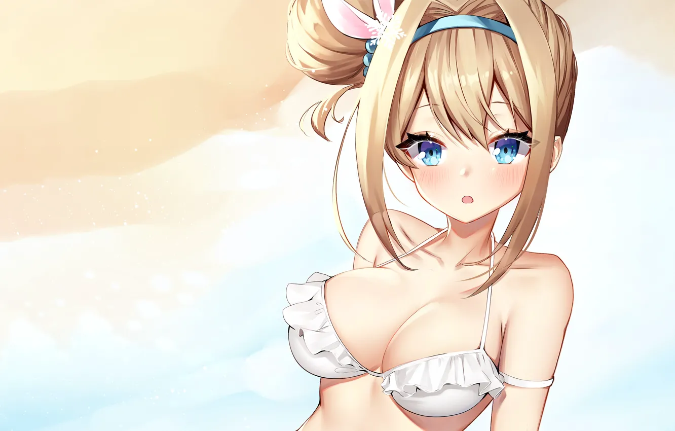 Photo wallpaper girl, sexy, cleavage, boobs, anime, blue eyes, beautiful, short hair