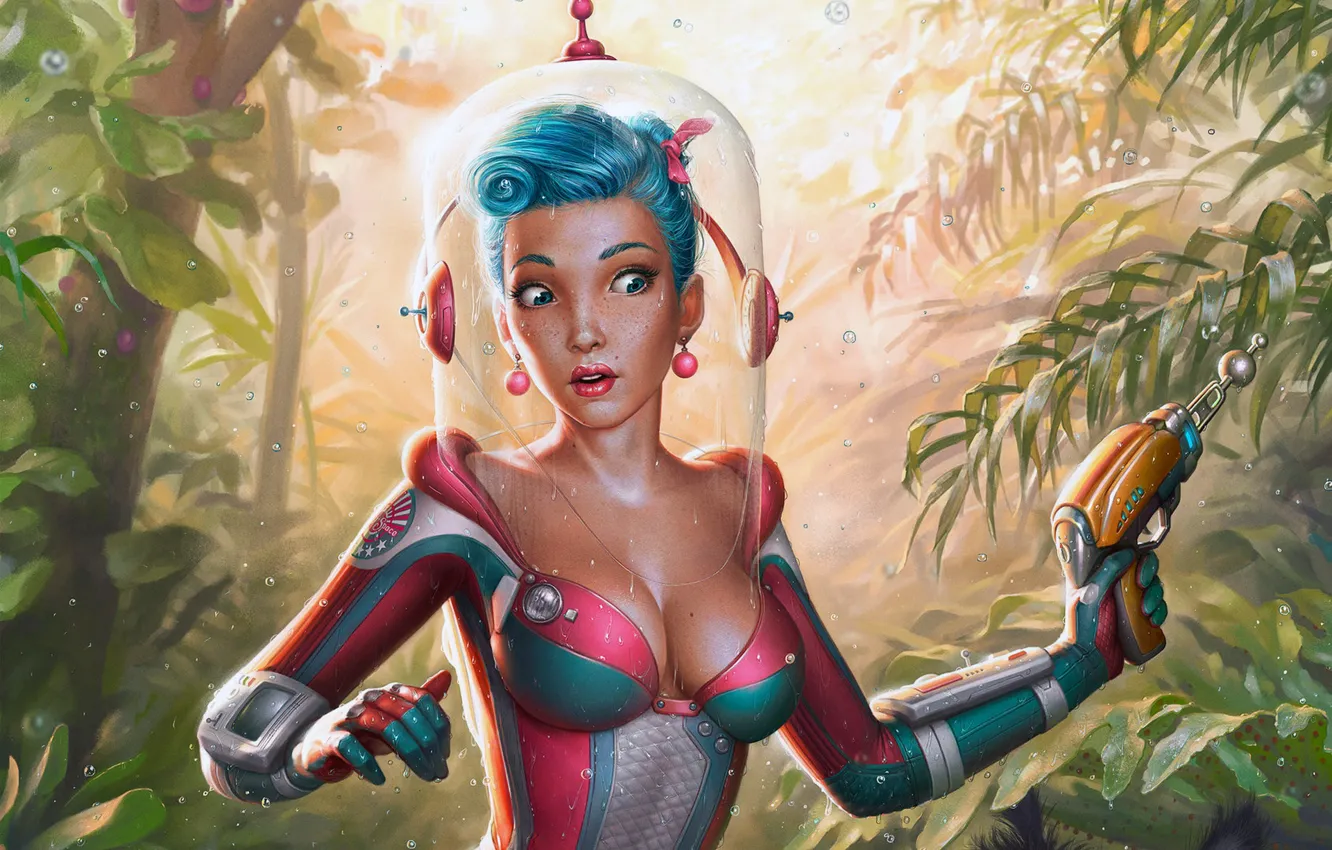 Photo wallpaper girl, gun, fantasy, cleavage, rain, weapon, jungle, boobs