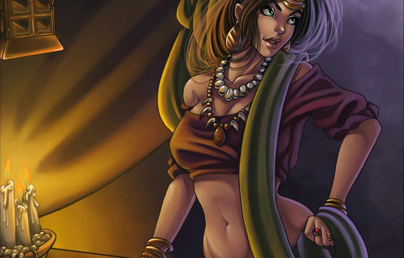 Photo wallpaper look, girl, decoration, face, magic, hair, map, hands