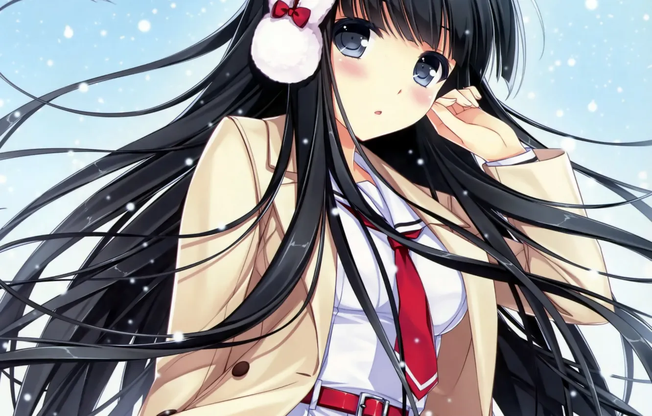 Photo wallpaper girl, snow, the wind, anime, headphones, art, tie, form