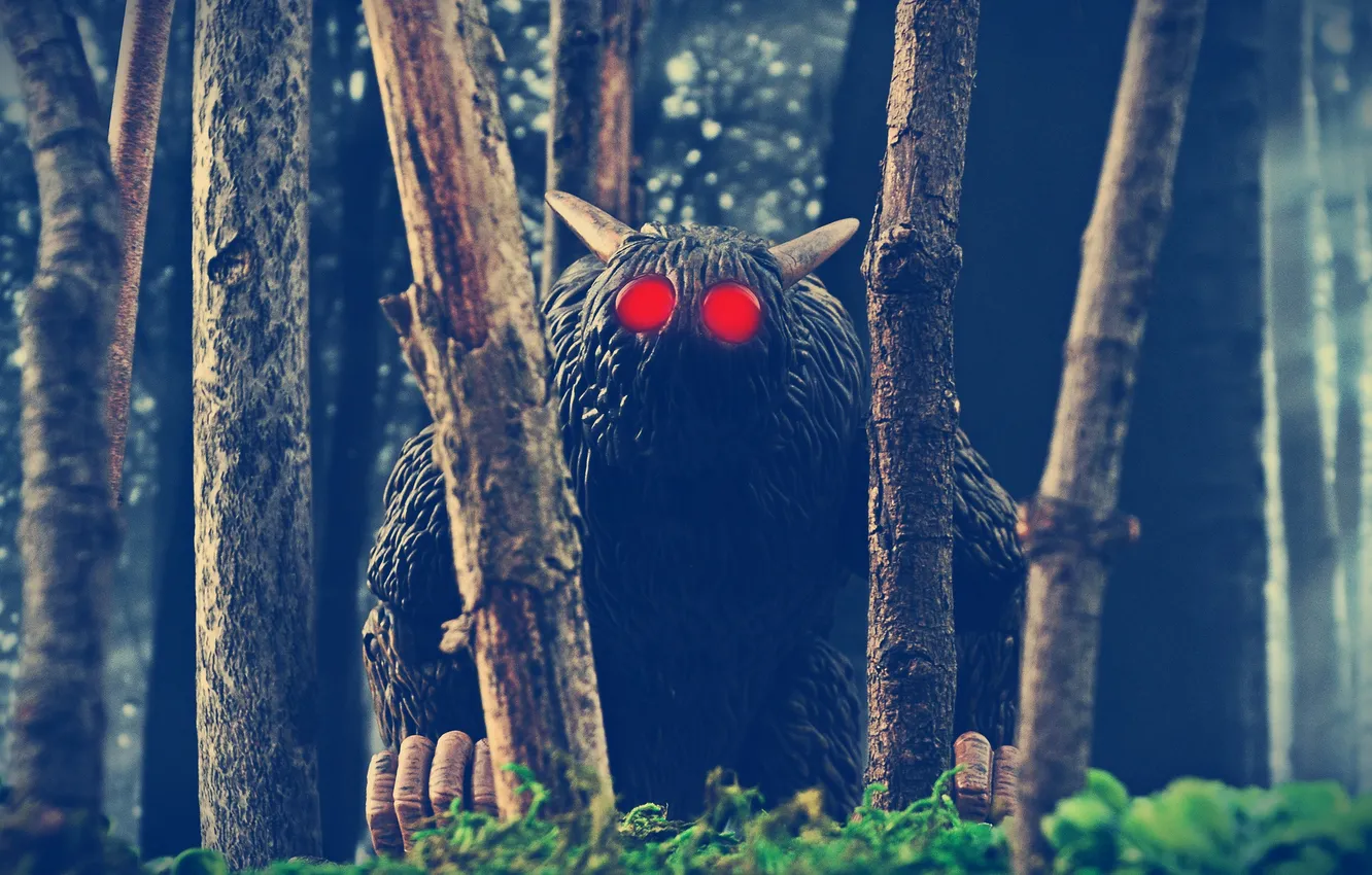 Photo wallpaper forest, trees, toys, horns, red eyes, Bone, Rat Creature, Hairy Men