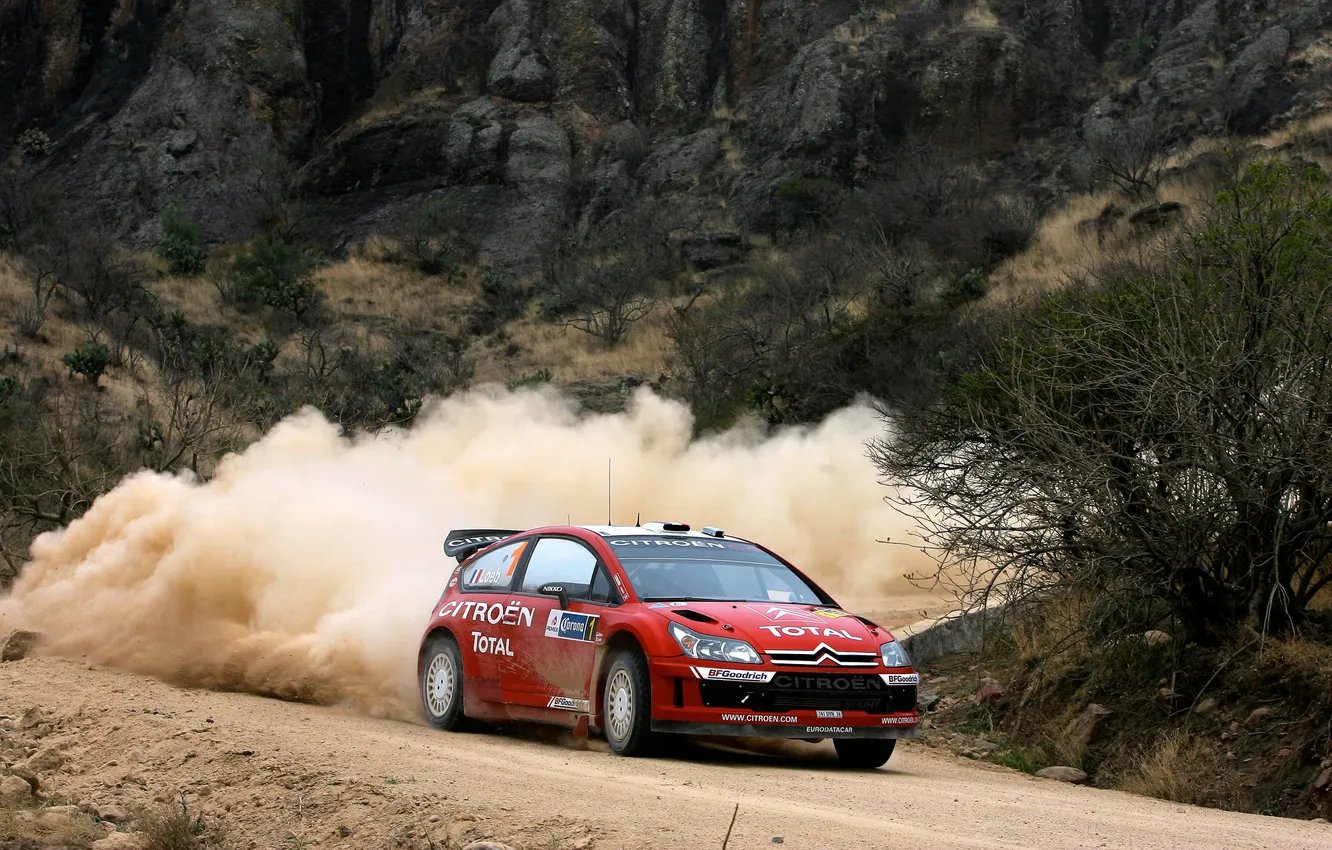 Photo wallpaper Red, Mountains, Dust, Speed, Citroen, WRC, Rally, Sebastien Loeb