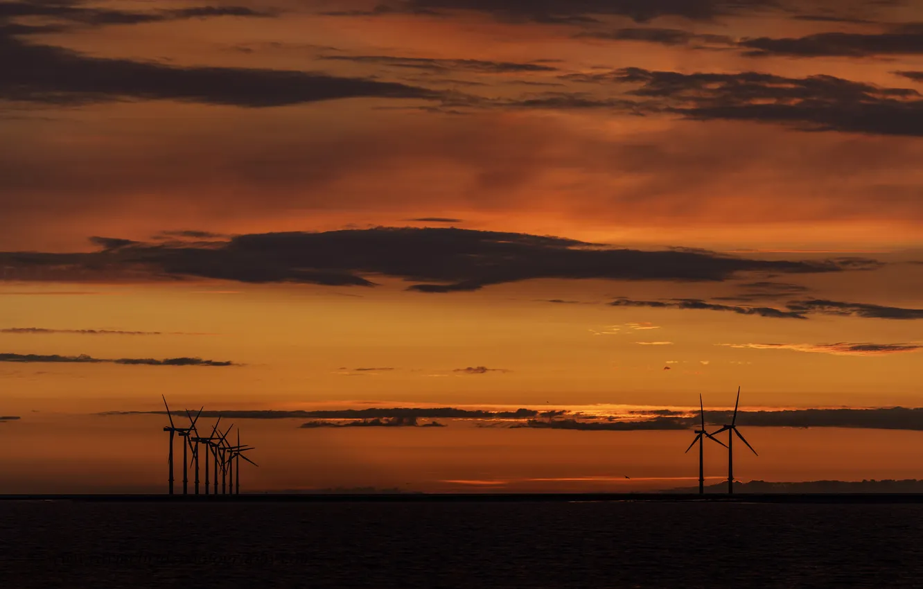 Photo wallpaper the sky, clouds, glow, windmill