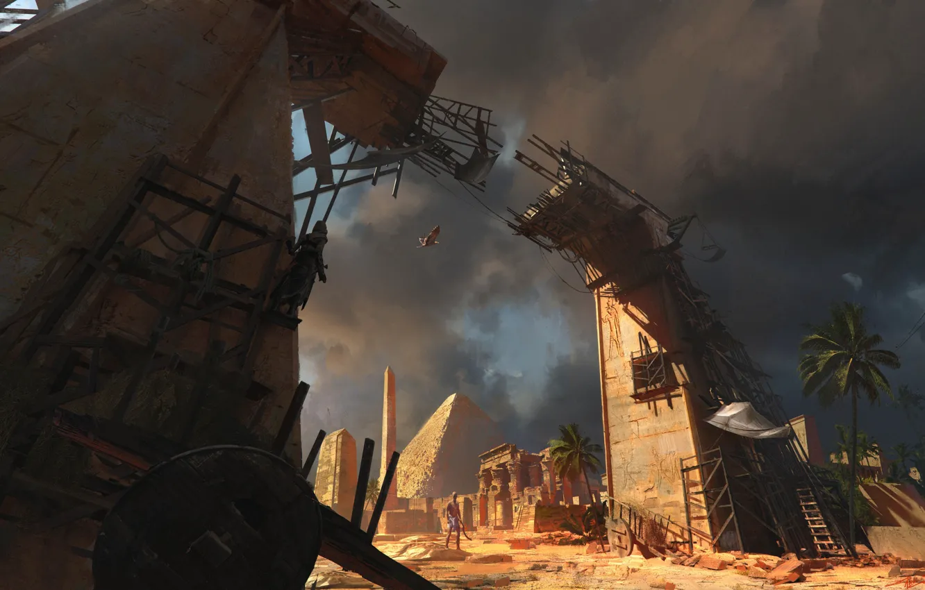 Photo wallpaper palm trees, pyramid, destruction, Building the Empire