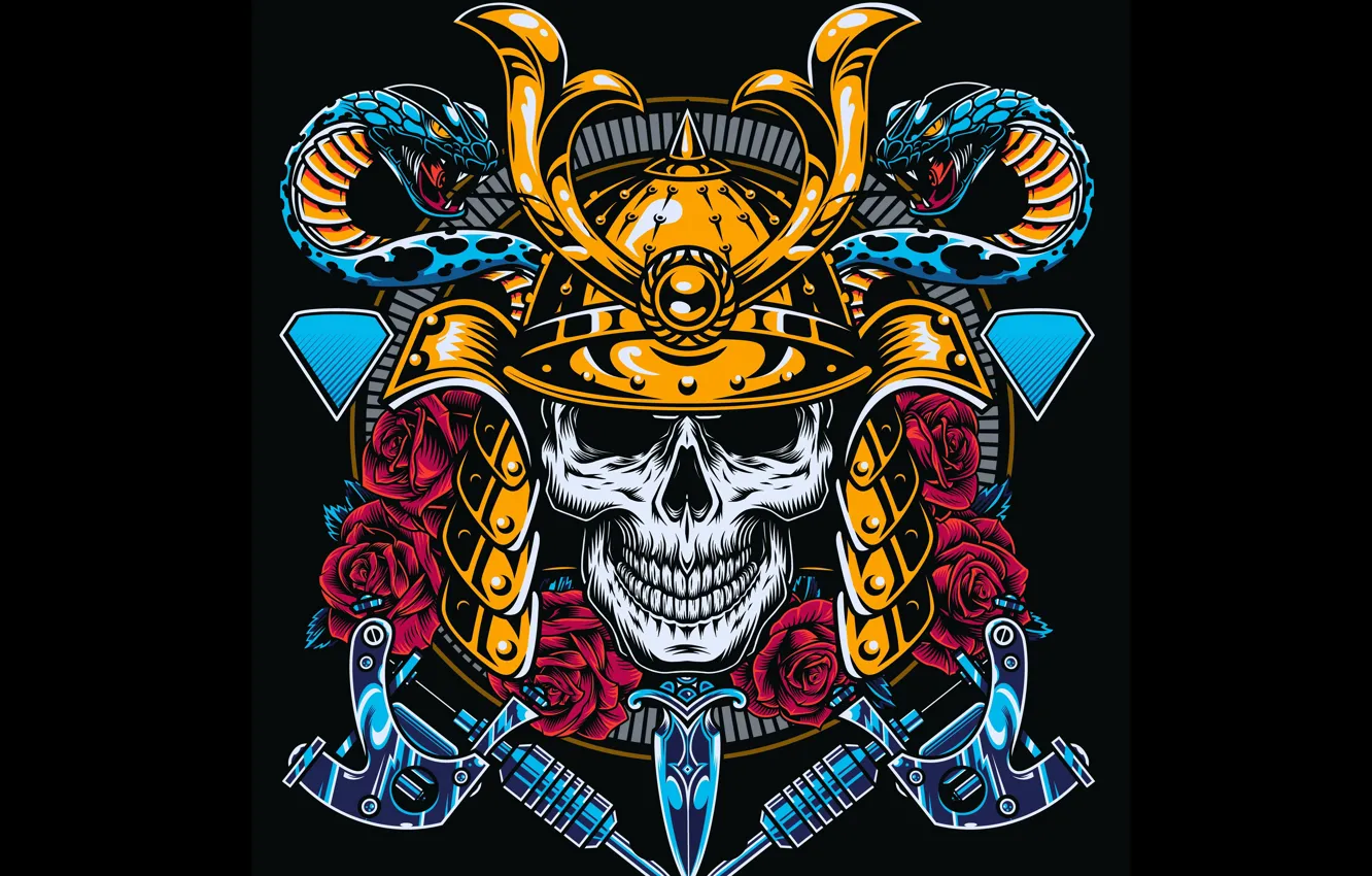 Photo wallpaper Skull, Samurai, Black background, Dagger, Red roses, Snakes, Vector graphics, Metal Helmet