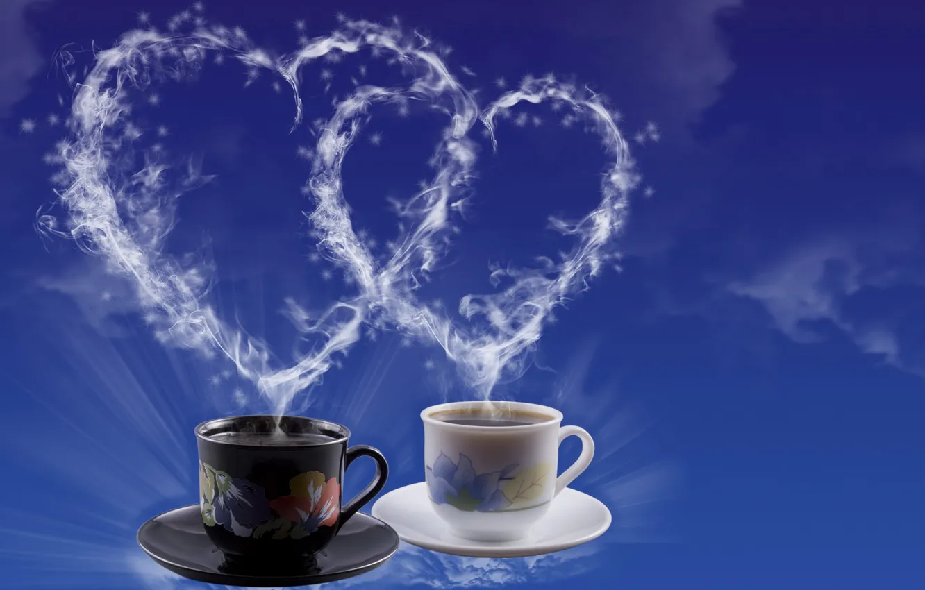 Photo wallpaper tea, heart, coffee, pair, Cup, hearts, Valentine's day